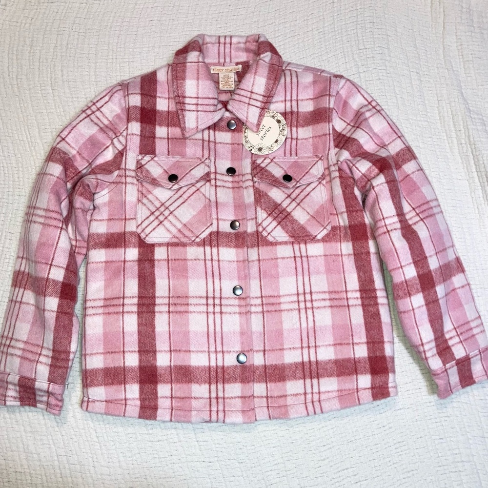 Girl’s Sweet Stories Jacket Large 14  Shacket Snap Fleece Pink Plaid  NWT